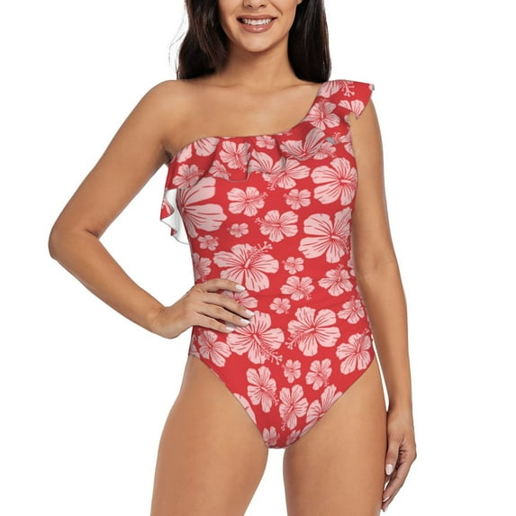 Easygdp Red Hibiscus Flower Women's One Shoulder Ruffle Monokini Bathing Suits with Removable Chest Pad, Quick Drying - X-Large