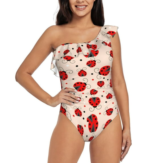 Easygdp Red Ladybug Women's One Shoulder Ruffle Monokini Bathing Suits with Removable Chest Pad, Quick Drying - Small