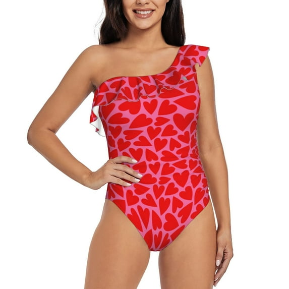 Easygdp Red Love Heart Women's One Shoulder Ruffle Monokini Bathing Suits with Removable Chest Pad, Quick Drying - Medium
