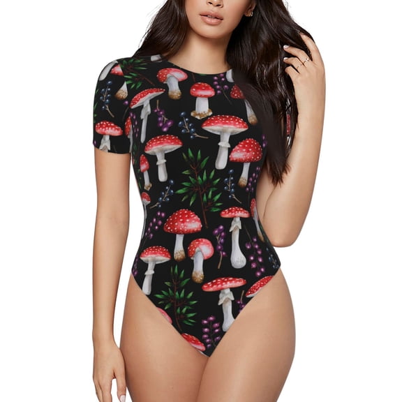 Easygdp Red Mushrooms Women's One-Piece Swimsuit Slim Fit Crew Neck Bodysuit Athletic Swimwear with Concealed Buckle - XX-Large