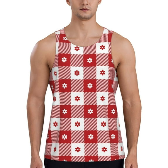 Easygdp Red Plaid Daisy Men's Tank Top, Sleeveless Muscle T Shirts, Breathable, Quick-Dry, Loose for Gym, Running, Fitness - 4X-Large
