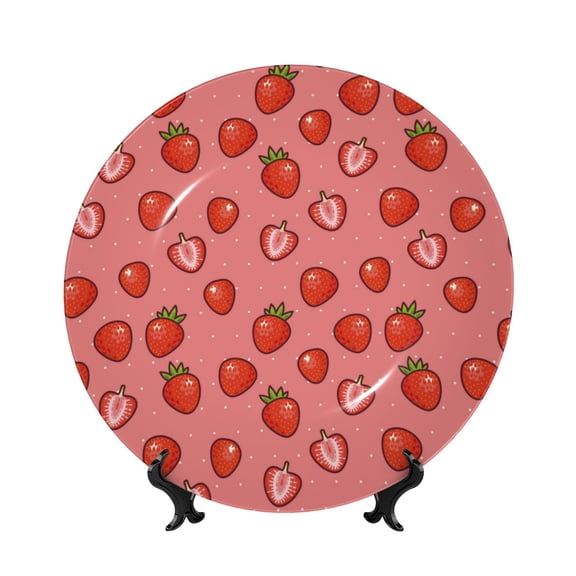 Easygdp Red Strawberry Bone China Decorative Plate Ceramic Dinner Plates Art Crafts with Display Stand-7in