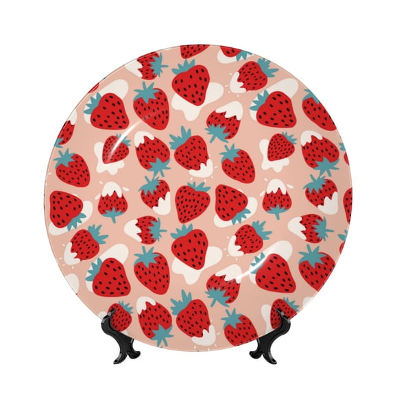 Easygdp Red Strawberry Bone China Decorative Plate Ceramic Dinner Plates Art Crafts with Display Stand-8in