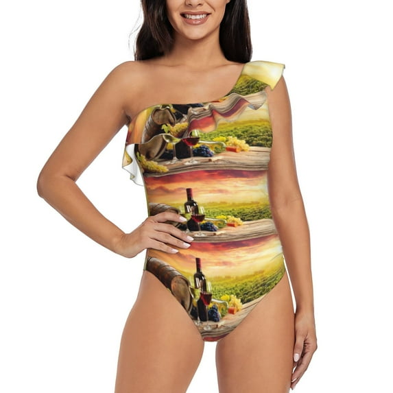 Easygdp Red Wine Glasses Women's One Shoulder Ruffle Monokini Bathing Suits with Removable Chest Pad, Quick Drying - Large