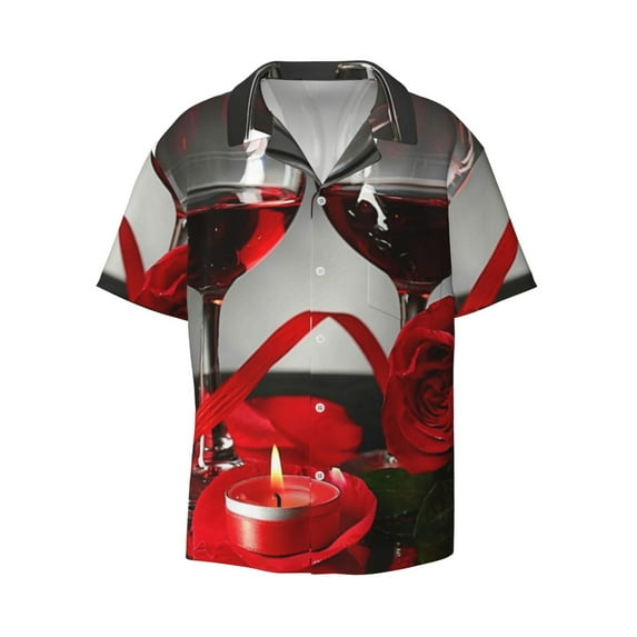 Easygdp Red Wine Rose Men's Casual Short-sleeved Shirt with Pocket and Button Suitable for Beach Vacation Leisure - Medium