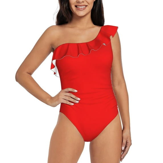 Easygdp Red Women's One Shoulder Ruffle Monokini Bathing Suits with Removable Chest Pad, Quick Drying - X-Large