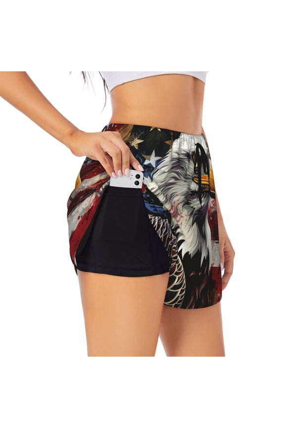 Retro American Eagle A for Women's Athletic Shorts - High-Waist, Quick-Dry Workout Shorts with Pockets, Ideal for Running, Yoga, and Training-Large