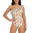 thumbnail image 1 of Easygdp Retro Autum Mushrooms Women's One Shoulder Ruffle Monokini Bathing Suits with Removable Chest Pad, Quick Drying - Small, 1 of 8