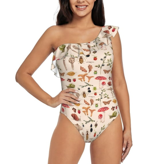 Easygdp Retro Autum Mushrooms Women's One Shoulder Ruffle Monokini Bathing Suits with Removable Chest Pad, Quick Drying - Small