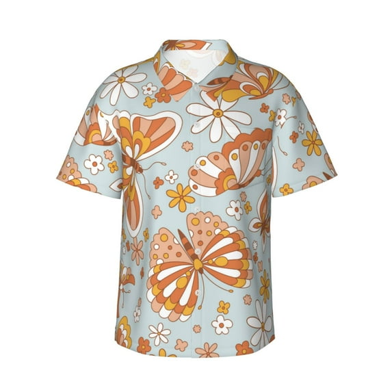 Easygdp Retro Floral Butterfly Men's Hawaiian Shirts Print Lapel Short Sleeve for Beach, vacation, party, casual occasions - Large