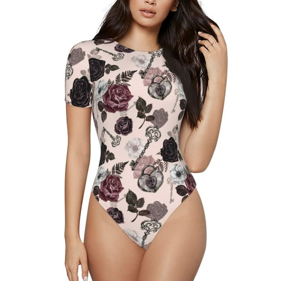 Easygdp Retro Red Black Roses Women's One-Piece Swimsuit Slim Fit Crew Neck Bodysuit Athletic Swimwear with Concealed Buckle - XX-Large