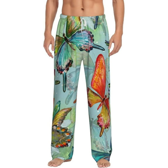 Easygdp Retro Seamless Flying Butterflies Men's Pajama Pant, Sleep Elastic Waistband Lounge Pants - Medium