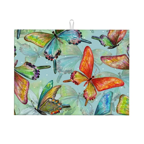 Easygdp Retro Seamless Flying Butterflies Microfiber Absorbent Dish Drying Pad,Kitchen Drying Mat,Can Be Hung, Strong Water Absorption Capacity,Quick Drying
