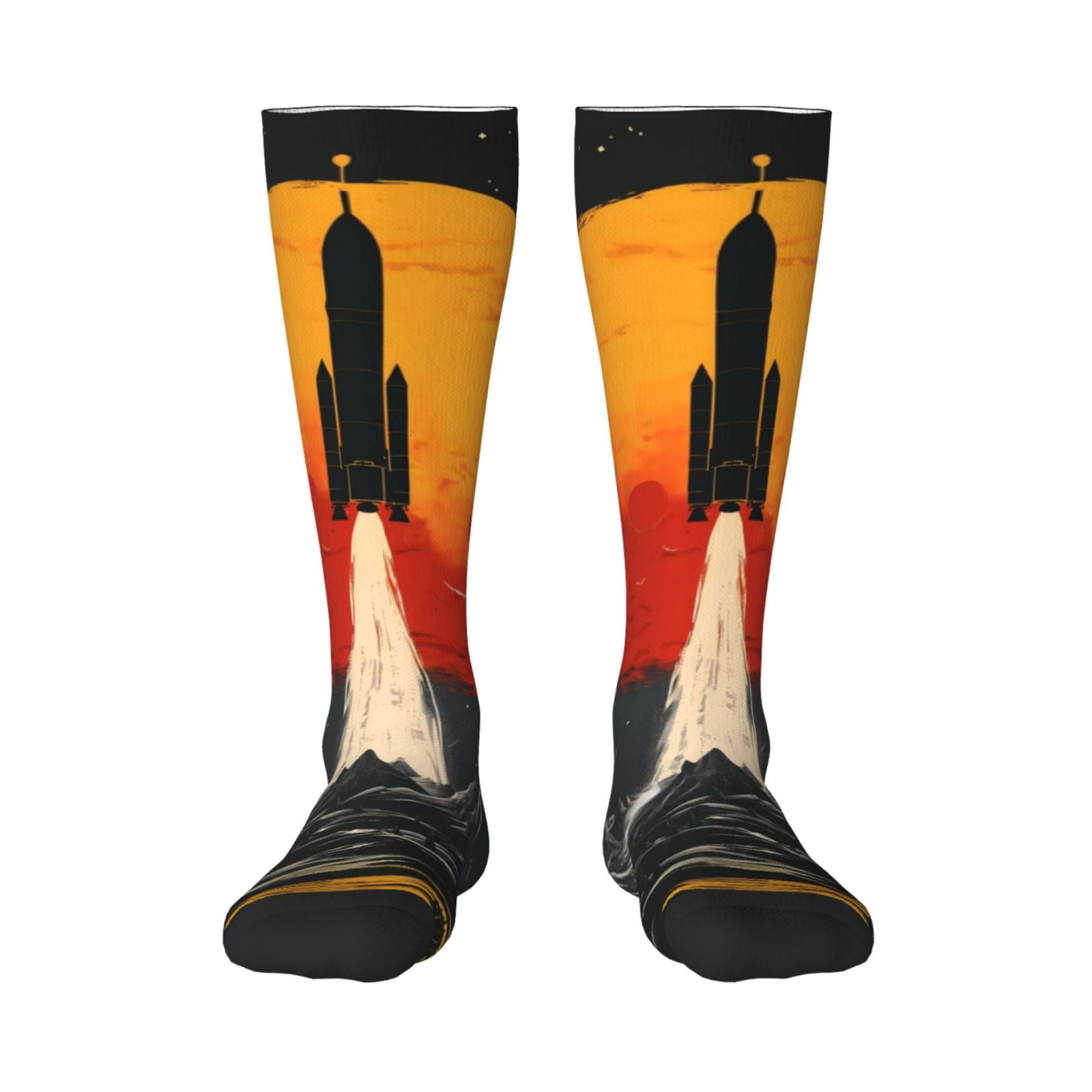 Easygdp Retro Space Rocket Launch Prints Sport Knee High Socks Soccer