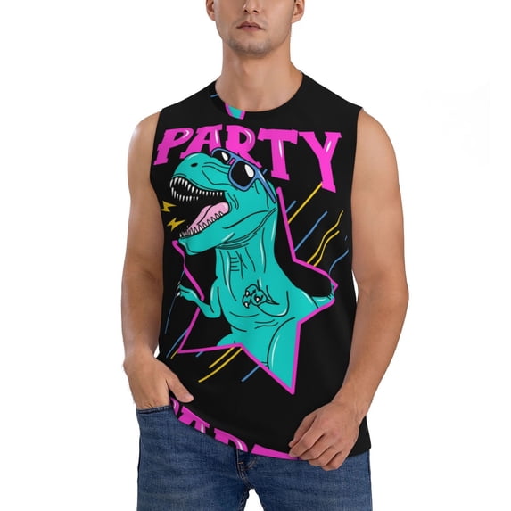 Easygdp Rex Dinosaur With Sunglasses Men's Breathable Tank Tops Sleeveless Sporty T Shirts for Basketball, Mountaineering, Bodybuilding -X-Large