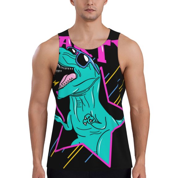 Easygdp Rex Dinosaur With Sunglasses Men's Tank Top, Sleeveless Muscle T Shirts, Breathable, Quick-Dry, Loose for Gym, Running, Fitness - XX-Large