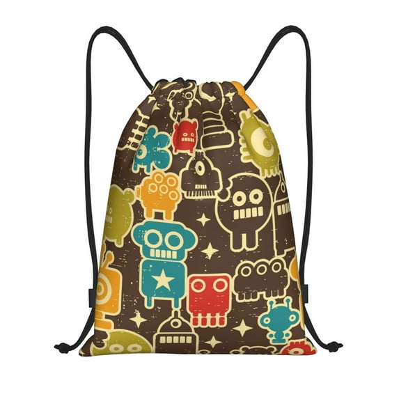 Easygdp Robot and Monsters Drawstring Backpack, Beach Sackpack, Travel Sackpack Lightweight for Sports, Gym, Travel, Swimming - Medium
