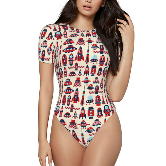 Easygdp Rocket Pattern Women's One-Piece Swimsuit Slim Fit Crew Neck Bodysuit Athletic Swimwear with Concealed Buckle - Medium