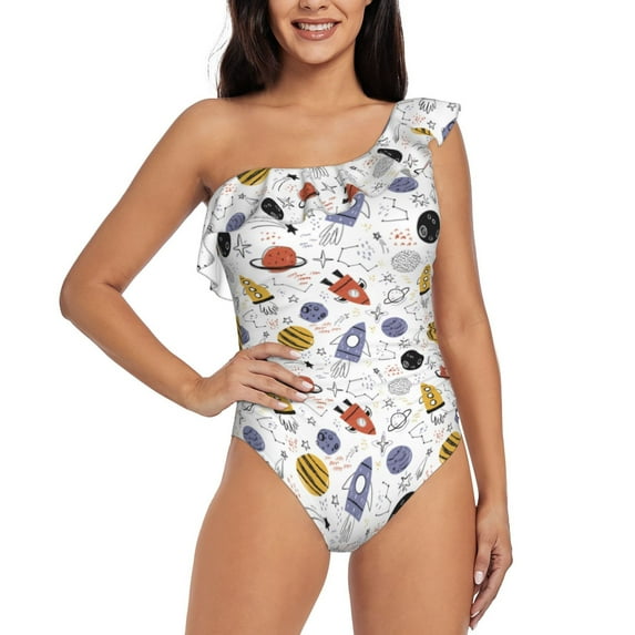 Easygdp Rocket Planets Women's One Shoulder Ruffle Monokini Bathing Suits with Removable Chest Pad, Quick Drying - Medium