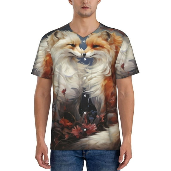 Easygdp Romantic Flower Fox Couple Mens T-Shirts Baseball Vintage Fashionable Lightweight Casual Crew Neck Slim Fit with Long Sleeves-3X-Large