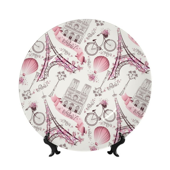 Easygdp Romantic Travel In Paris Bone China Decorative Plate Ceramic Dinner Plates Art Crafts with Display Stand-6in