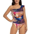 thumbnail image 1 of Easygdp Rooster Oil Painting Women's One Shoulder Ruffle Monokini Bathing Suits with Removable Chest Pad, Quick Drying - Small, 1 of 8