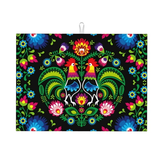 Easygdp Roosters And Flowers Microfiber Absorbent Dish Drying Pad,Kitchen Drying Mat,Can Be Hung, Strong Water Absorption Capacity,Quick Drying