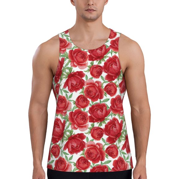 Easygdp Rose Flowers Men's Tank Top, Sleeveless Muscle T Shirts, Breathable, Quick-Dry, Loose for Gym, Running, Fitness - X-Large