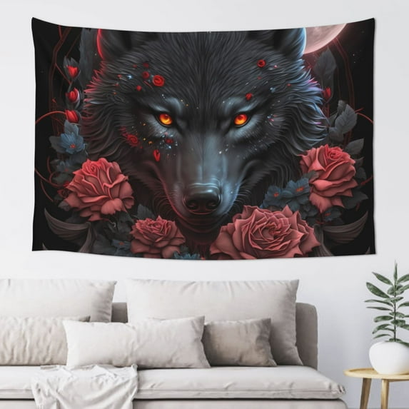 Easygdp Rose Full Moon Black Wolf Tapestry Wall Hanging, Wall Tapestries for Bedroom Aesthetic Living Room Office Decor 60x40in