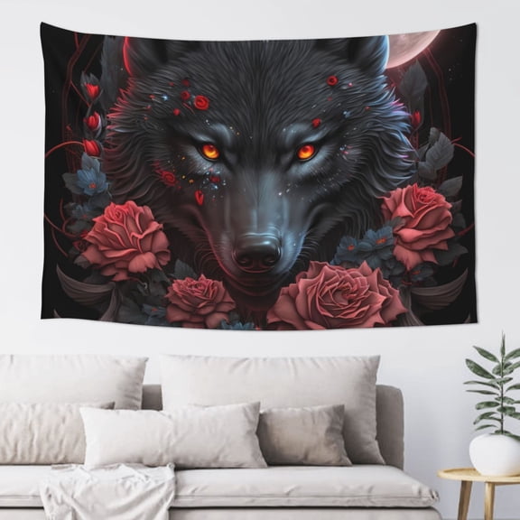 Easygdp Rose Full Moon Black Wolf Tapestry Wall Hanging, Wall Tapestries for Bedroom Aesthetic Living Room Office Decor 60x40in