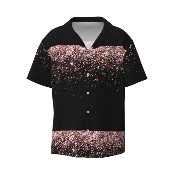 Easygdp Rose Gold Glitter1 Men's Casual Short-sleeved Shirt with Pocket and Button Suitable for Beach Vacation Leisure - XX-Large