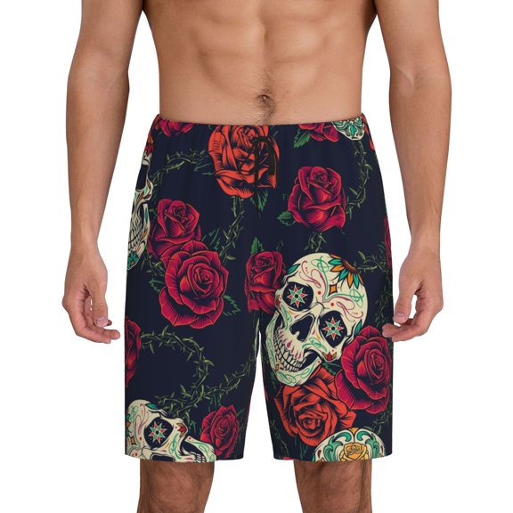Easygdp Roses Skulls Men's Short Pajama Pants, Sleep Shorts, Household Pants, Casual Pants with Pockets - 4X-Large