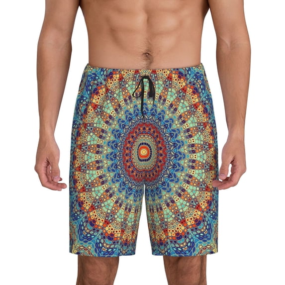 Easygdp Round Mandala Men's Short Pajama Pants, Sleep Shorts, Household Pants, Casual Pants with Pockets - Medium