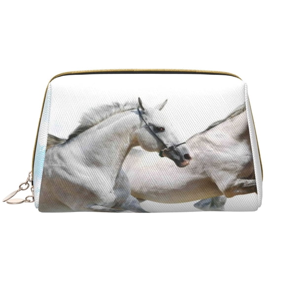 Easygdp Running White Horses Leather Makeup Bag Zipper Pouch Travel Cosmetic Organizer for Women and Girls, Make up Bag with Zipper