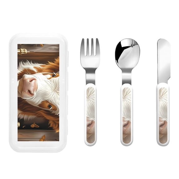Easygdp Rustic Cow Butterflies Champagne 3-Piece Flatware Set Kids Silverware, Stainless Steel Toddler Kids Utensils Safe for Preschooler Children