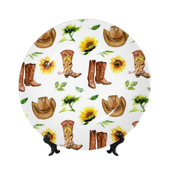Easygdp Rustic Western Charm Bone China Decorative Plate Ceramic Dinner Plates Art Crafts with Display Stand-10in
