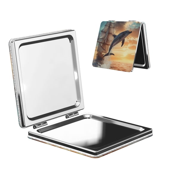 Easygdp Sailing Dancing Dolphin Travel Makeup Mirror, 2X Magnifying Mirror 2-Sided Travel Essential Mirror, Magnetic Portable Mirror-Square