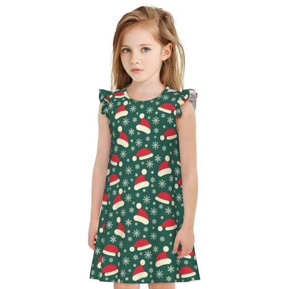 Easygdp Santa Hat Joy Green Festive Girls Pajamas Dress, Princess Nightgown for Girls, Adorable Ruffle Sleeves, No Zippers or Buttons-Small
