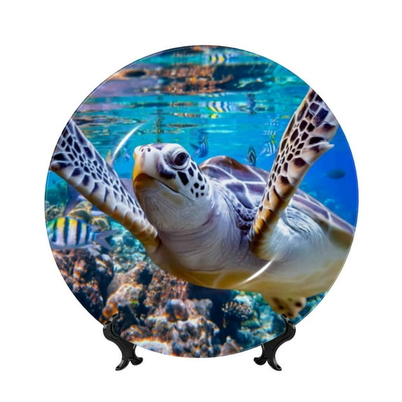Easygdp Sea Turtle Swims Bone China Decorative Plate Ceramic Dinner Plates Art Crafts with Display Stand-6in