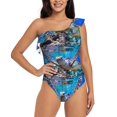 thumbnail image 1 of Easygdp Sea Turtle Swims Women's One Shoulder Ruffle Monokini Bathing Suits with Removable Chest Pad, Quick Drying - Medium, 1 of 8
