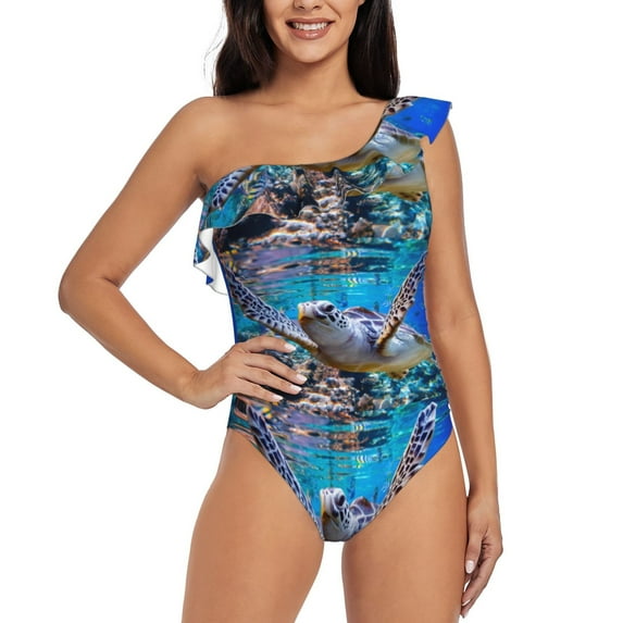 Easygdp Sea Turtle Swims Women's One Shoulder Ruffle Monokini Bathing Suits with Removable Chest Pad, Quick Drying - Medium