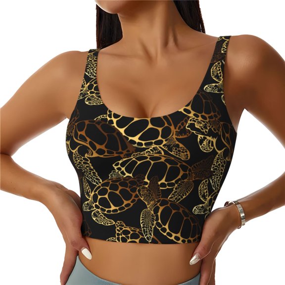 Easygdp Sea Turtle With Ocean Seamless Sports Bra for Women, High Impact Yoga Exercise Athletic Bras - Available in Various Sizes-Large