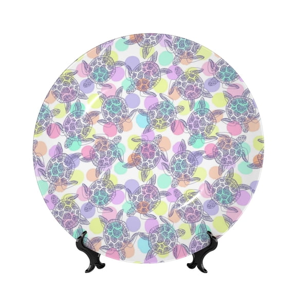 Easygdp Sea Turtles Bone China Decorative Plate Ceramic Dinner Plates Art Crafts with Display Stand-6in
