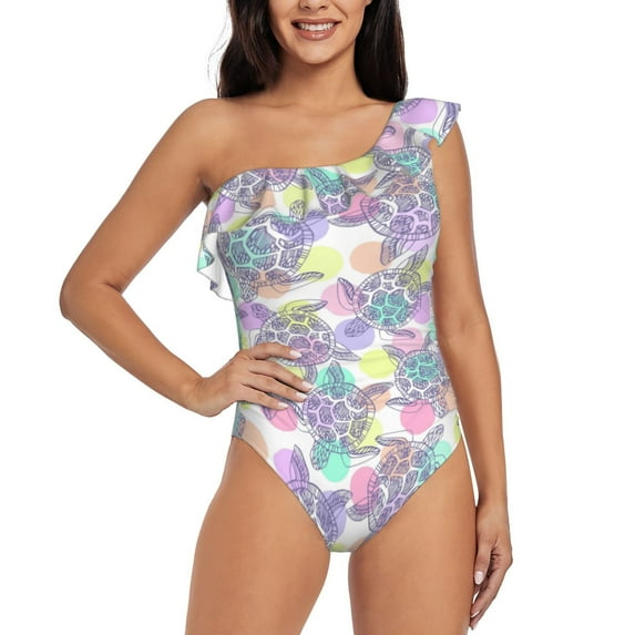 Easygdp Sea Turtles Women's One Shoulder Ruffle Monokini Bathing Suits with Removable Chest Pad, Quick Drying - Small