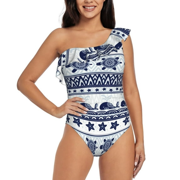 Easygdp Sea Underwater Animals1 Women's One Shoulder Ruffle Monokini Bathing Suits with Removable Chest Pad, Quick Drying - Large