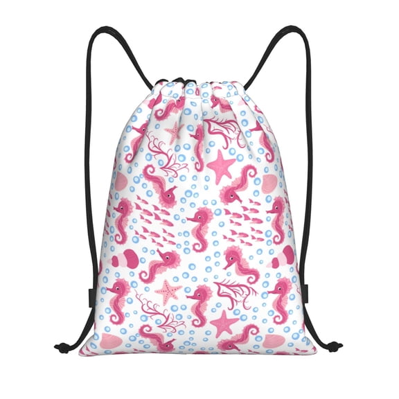 Easygdp Seahorse and Starfish Drawstring Backpack, Beach Sackpack, Travel Sackpack Lightweight for Sports, Gym, Travel, Swimming - Small