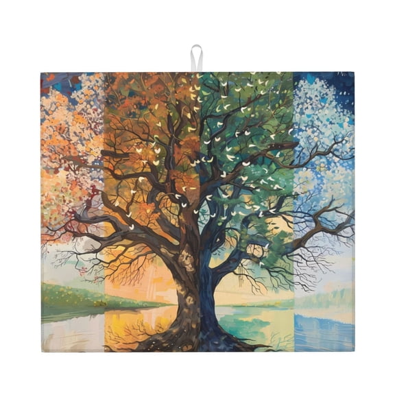 Easygdp Seasonal Tree Reflection Microfiber Dish Drying Mat for Kitchen Counter,Heat Resistant Drainer Mats with Non-slip Backed,Super absorbent