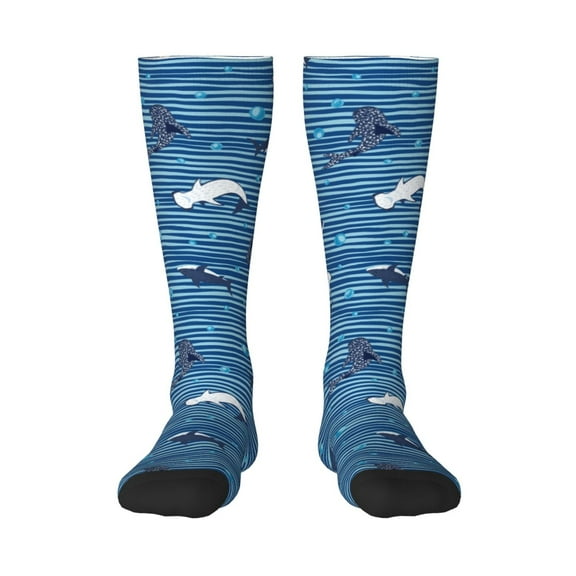 Easygdp Sharks on White Blue Striped Soccer Socks Sport Knee High Socks Calf Compression Athletic Socks for Men and Women