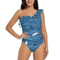 thumbnail image 1 of Easygdp Sharks on White Blue Striped Women's One Shoulder Ruffle Monokini Bathing Suits with Removable Chest Pad, Quick Drying - Medium, 1 of 8