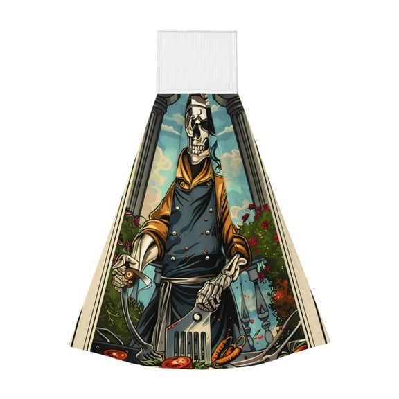 Easygdp Skeleton Chef BBQ Scene Kitchen Hand Towels Hanging Tie Towels Fast Drying Dish Cloth with Loop for Bathroom Restroom Home Decor